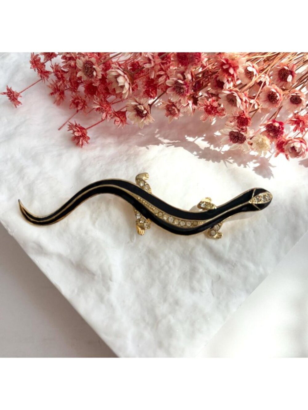 Lizard Figural Black Enameled Gold Toned Rhinestone Vintage Handmade Brooch